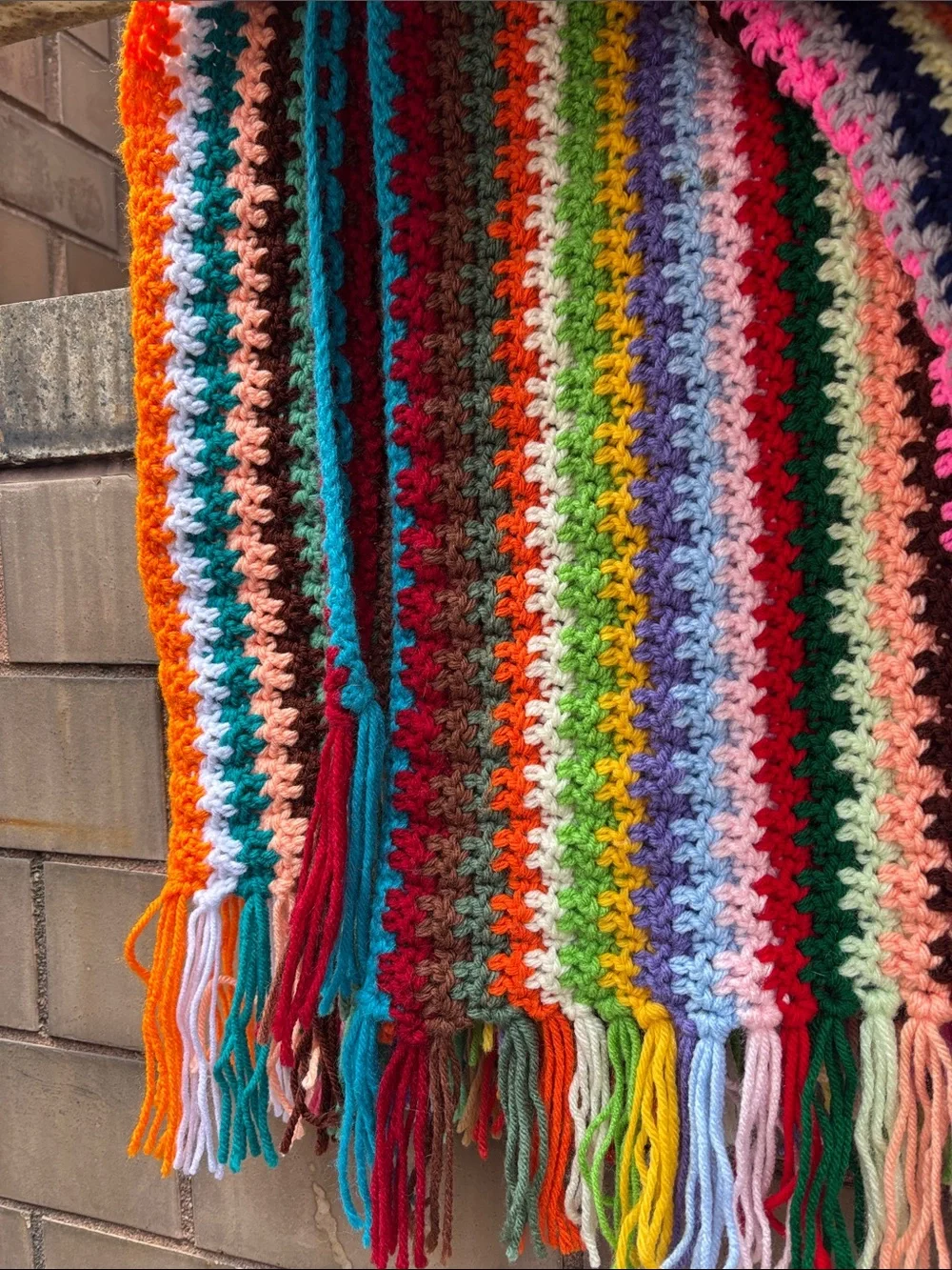 Vintage Handmade Afghan Multicolor Crochet Blanket with Fringe 62in x 37in